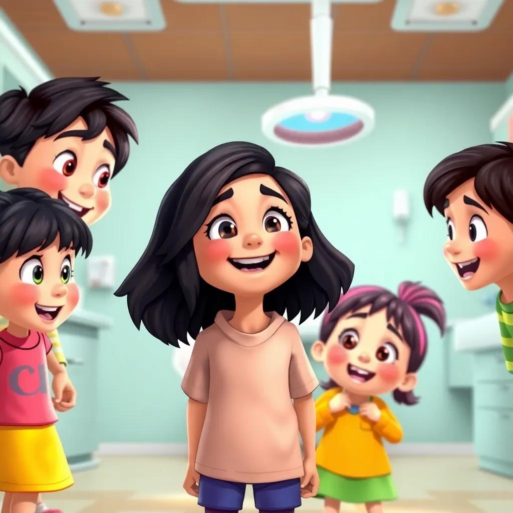 A group of children including Sami, with dark hair, wearing colorful clothes, standing in a dentist's office, excited faces, cartoonish style, bright lighting, joyful scene
