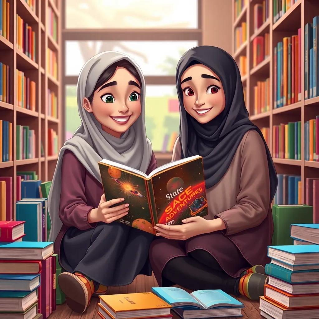 Two young Arab girls, Leila and Mariam, sitting in a cozy corner of a school library, surrounded by colorful books, with Leila holding a book about space adventures, both smiling and discussing books eagerly, digital art, warm colors, friendly ambiance, storytelling view, high quality