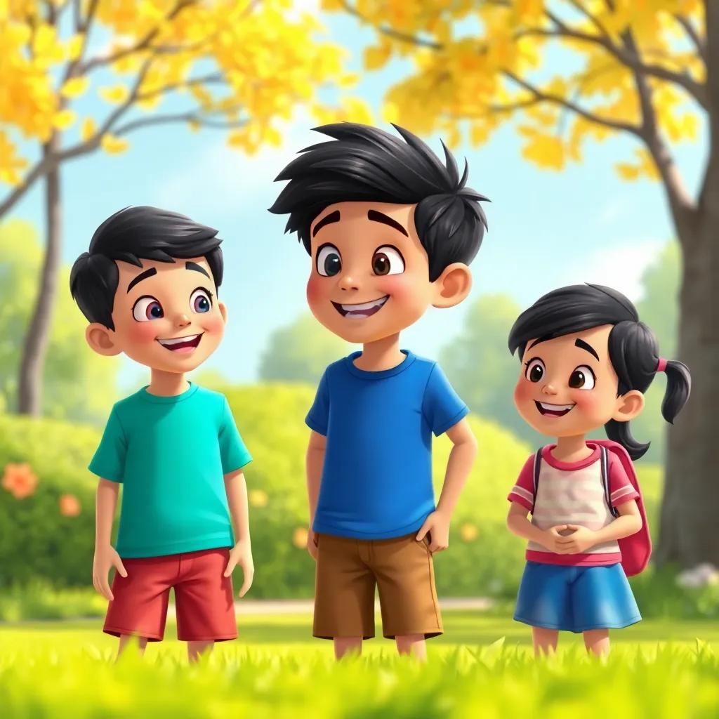 A group of three children in a sunny park, with Ahmed wearing a blue shirt, smiling and talking, digital art, vibrant colors, cheerful atmosphere, high quality