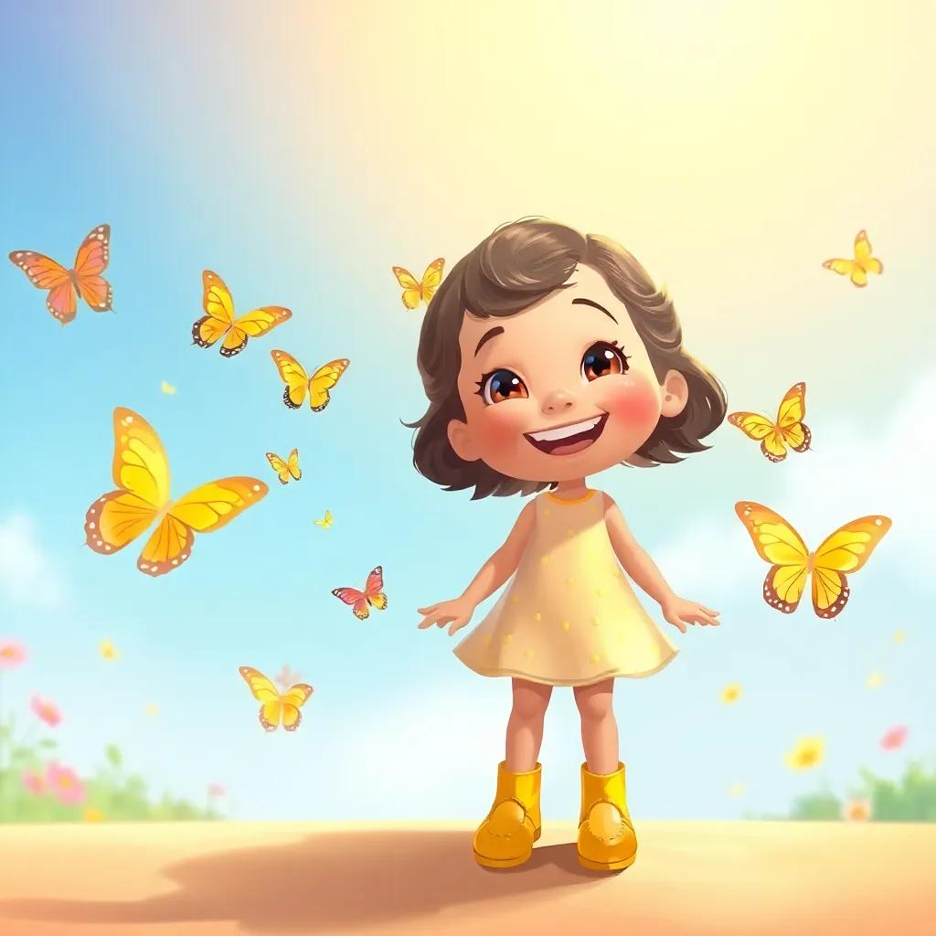 A young girl, Layla, wearing shiny yellow shoes, smiling with butterflies around her, sunny day, illustration, colorful, joyful, child-friendly style