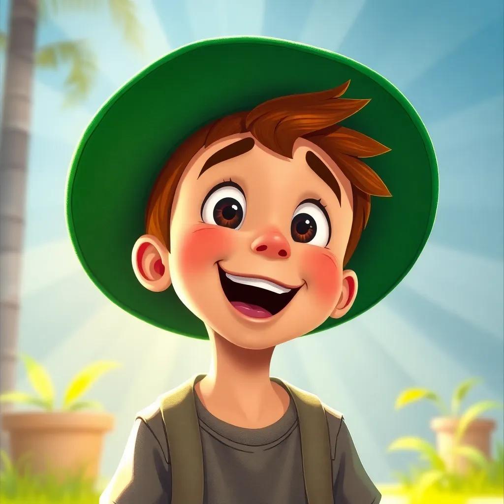 A boy named Adel, wearing a big green hat, looking excited, with rays of sunlight shining on him, detailed drawing, bright colors, friendly environment