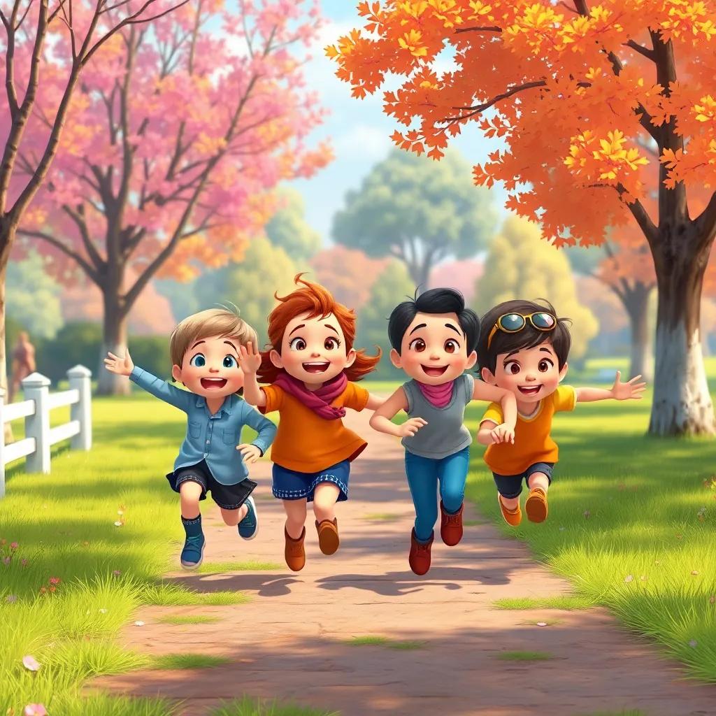 Children running and playing together in the park, joyful expressions, colorful scenery, playful, illustration, high detail, immersive