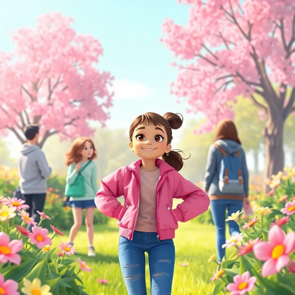 Layla showing off her pink jacket, surrounded by her friends in the park, vibrant flowers, cheerful vibe, illustration, warm light, happy