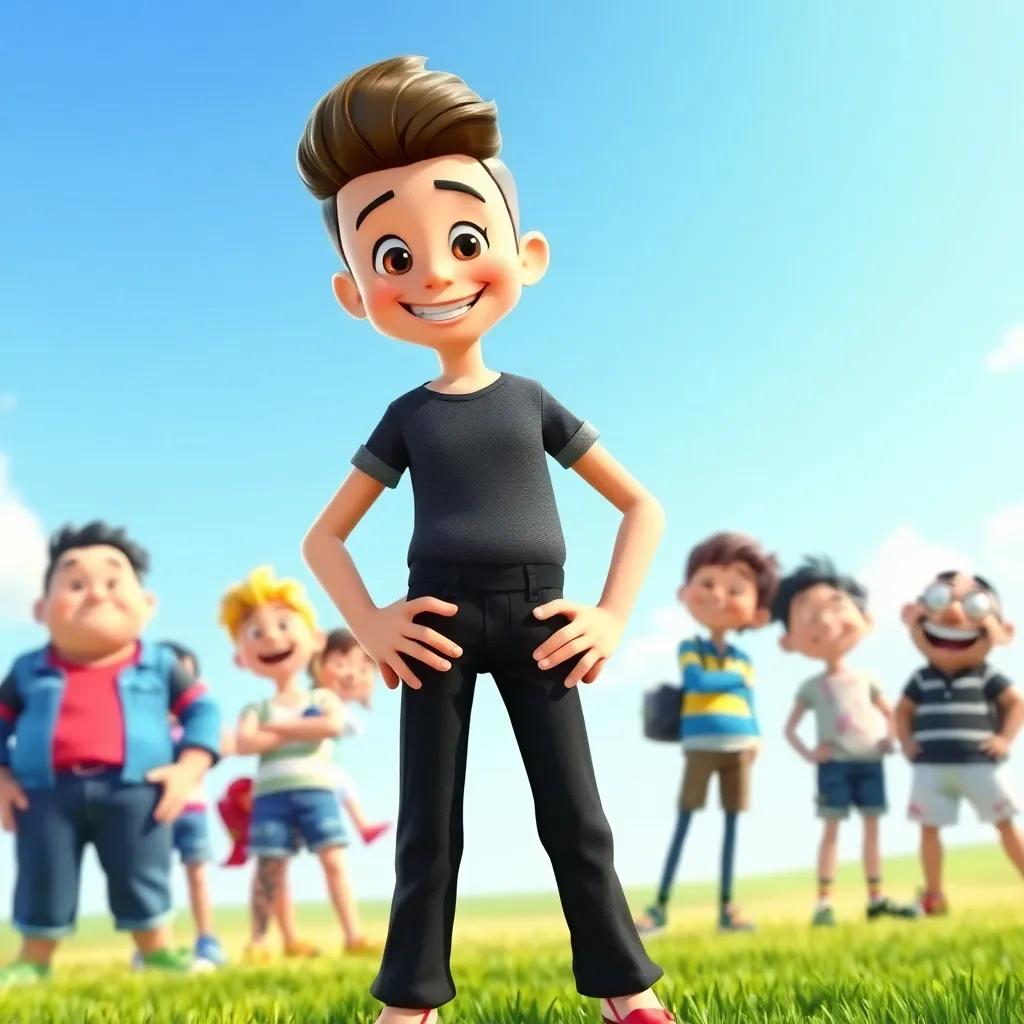 Adel wearing black pants, standing confidently with his friends, green grass and blue sky in the background, fun, bright colors, friendly atmosphere