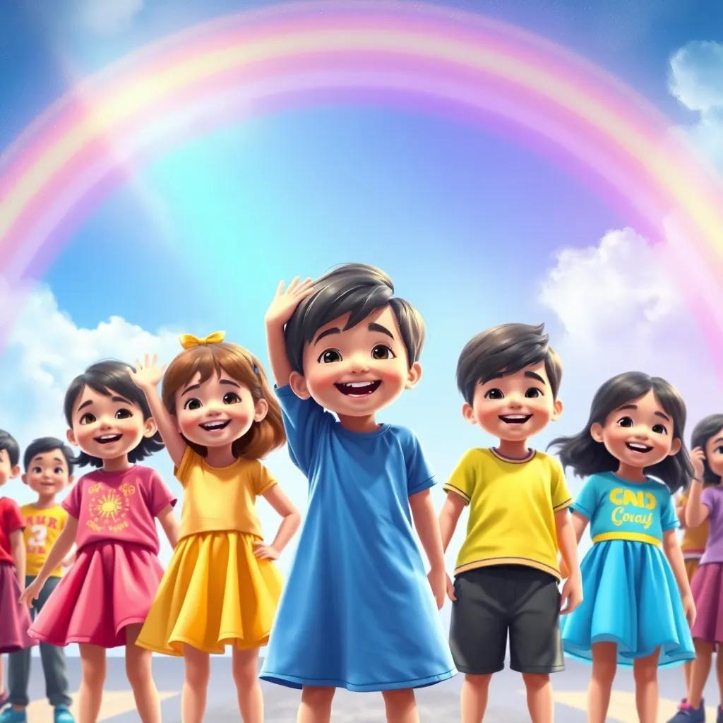 The children showcasing their colorful outfits proudly, a rainbow in the background, joyful expressions, dynamic atmosphere, digital painting, high quality