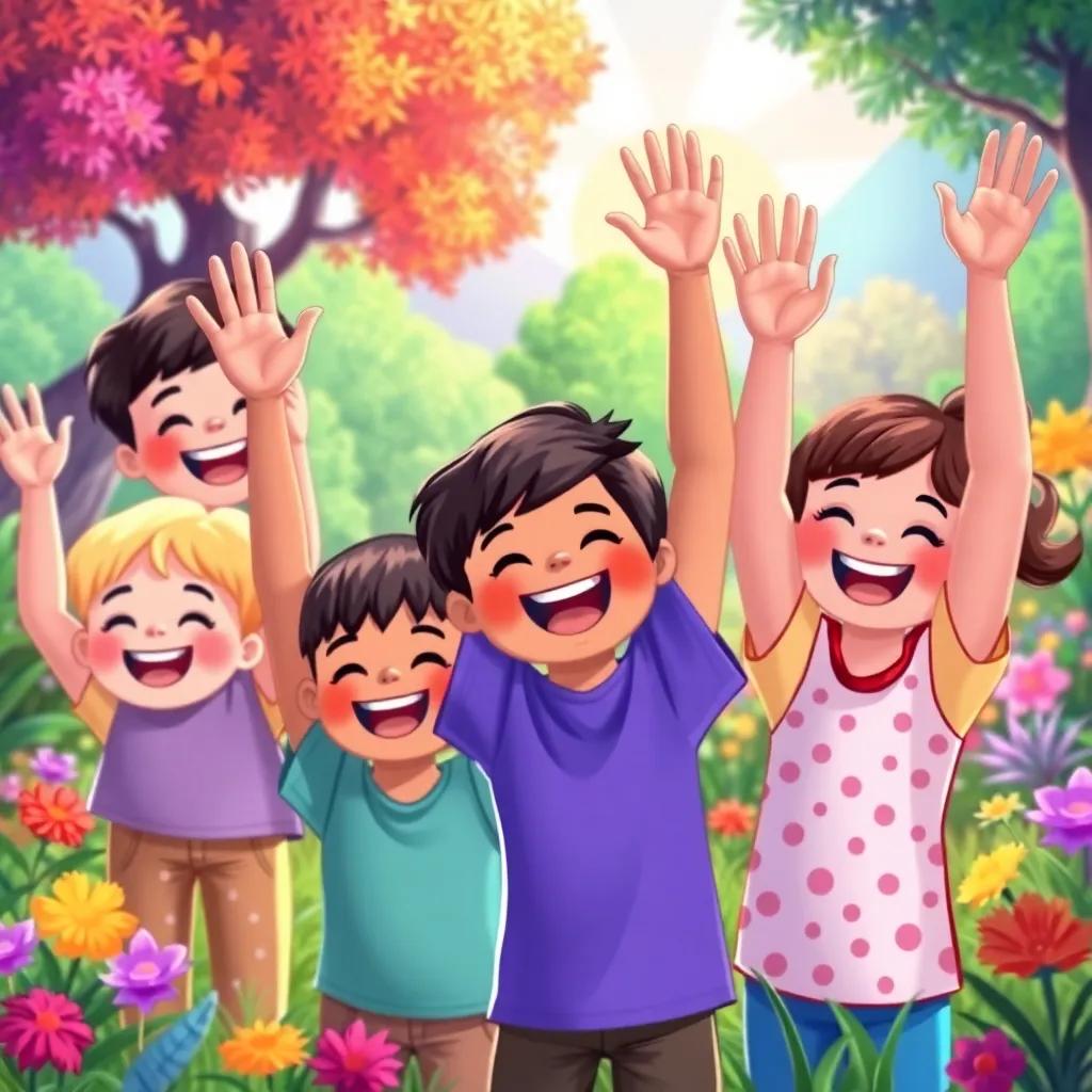 A happy group of children raising their hands in the air, surrounded by colorful nature, vibrant scenery, heartwarming illustration, bright tones, engaging