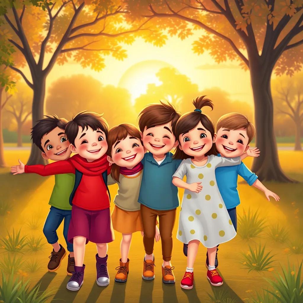 The children playing together in the park, with smiles, making memories in their colorful clothes, warm sunset, joyful illustration, vivid colors, inviting