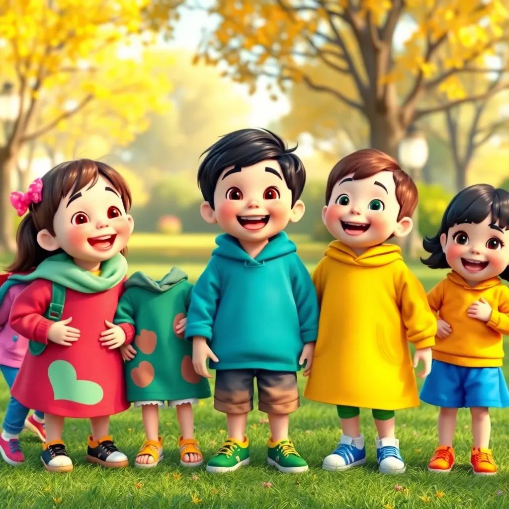 Children happily saying together, 'We love our colorful clothes!', in a warm and lively park, cheerful atmosphere, high quality, vibrant detail