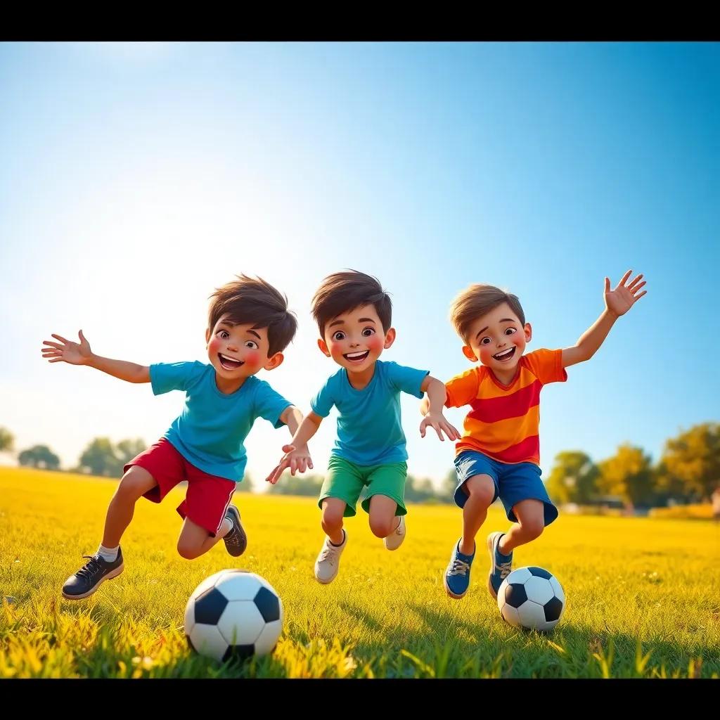 Three young boys, عبيد, عبد العزيز, and راشد, with short hair, wearing colorful t-shirts and shorts, playing soccer energetically on a grassy field under a clear blue sky, joyful expressions, action-packed, vibrant and lively scene, digital art, warm sunlight, cheerful atmosphere, children playing sports, high quality