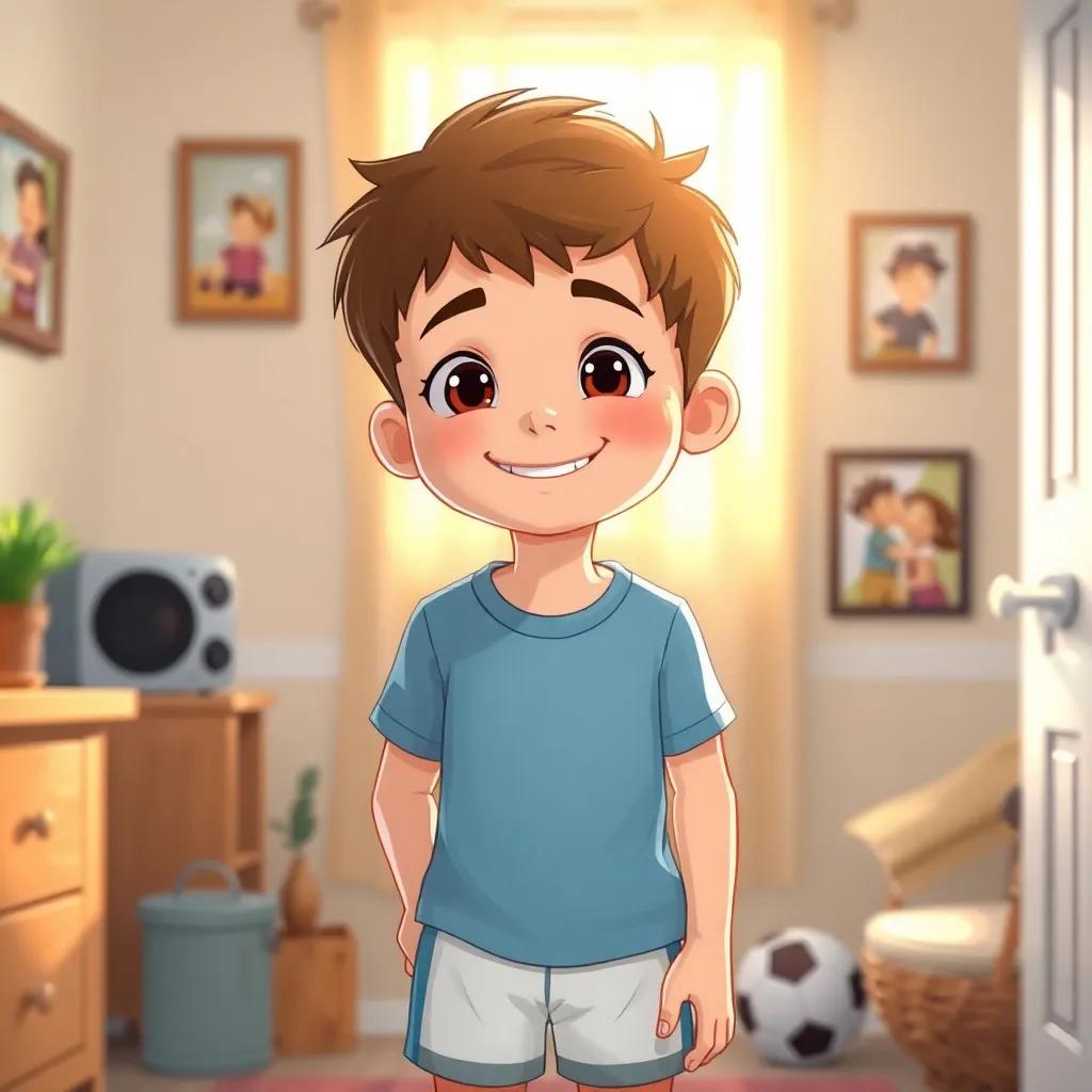  عبيد, a young boy with short hair, finished playing soccer, looking refreshed after a cool shower, wearing a clean t-shirt and shorts, smiling in a cozy home setting, light streaming through the window, family pictures on the walls, warm light, welcoming atmosphere, digital illustration, cheerful mood, children at home, high quality