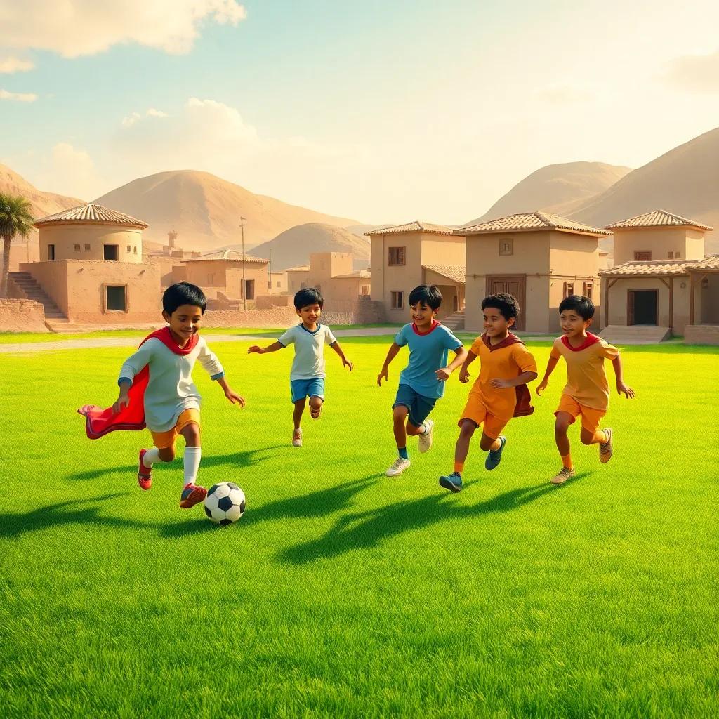 A small village called Al-Mani'i with five friends - Gaith, Omar, Ahmed, Zayed, and Saif playing soccer on a sunny green field, digital art, warm colors, cheerful atmosphere, high quality