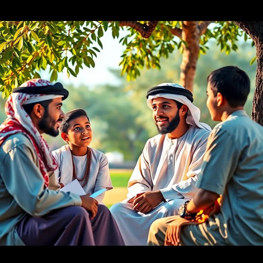 Gaith, a young Emirati boy, as he discusses traditional clothing with his friends, they are sitting together under a tree discussing excitedly, digital art, vibrant colors, engaging atmosphere, high quality