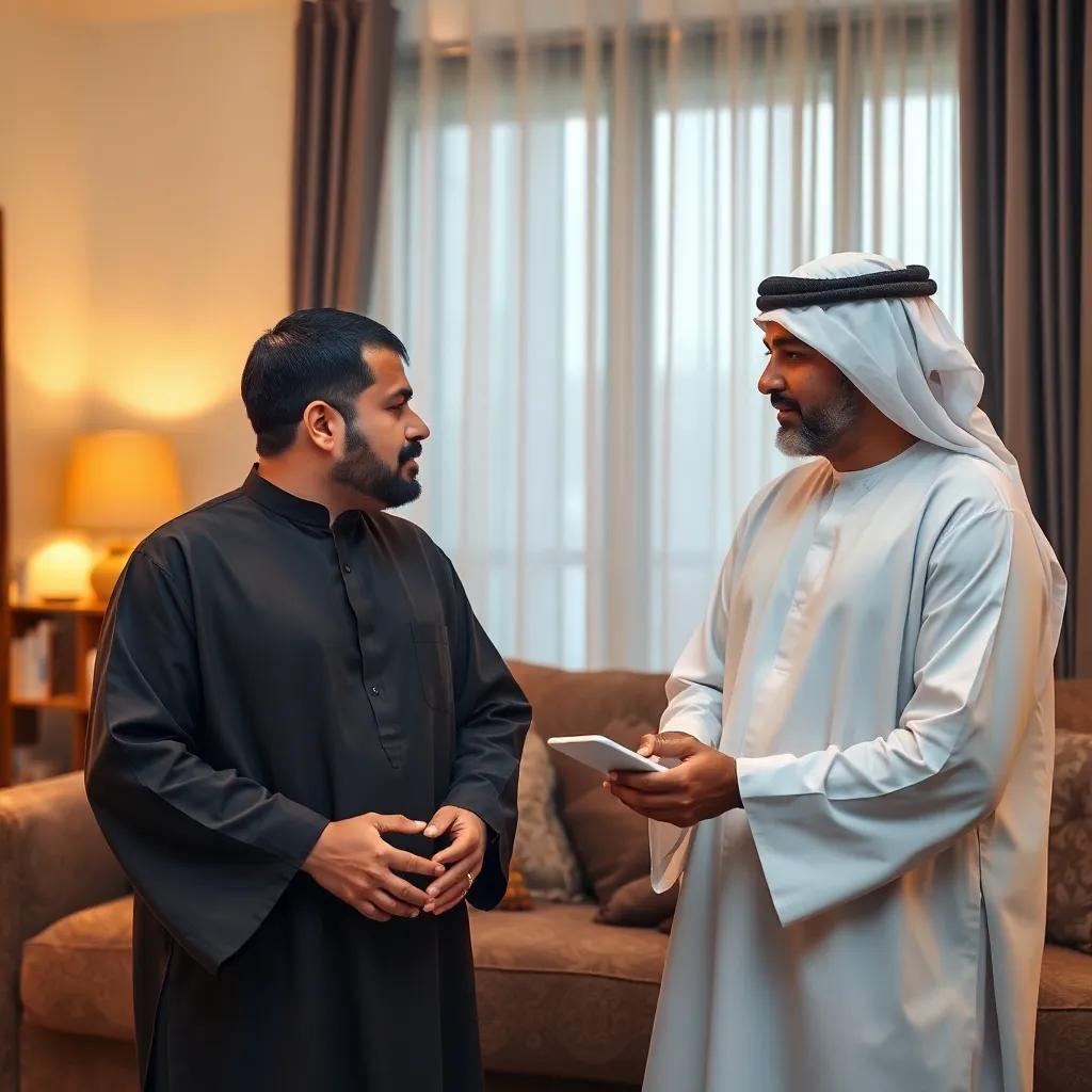 Ahmed asking his father about Emirati clothing traditions in their cozy living room, the father looking wise and knowledgeable, digital art, warm lighting, inviting atmosphere, high quality