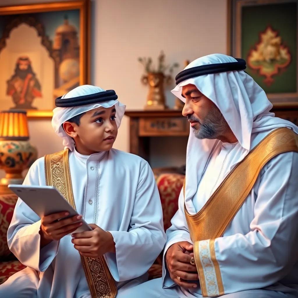 Saif, a curious Emirati boy, listening to his grandfather explaining the significance of Emirati attire, surrounded by traditional decor at home, digital art, detailed, rich colors, family-themed, high quality
