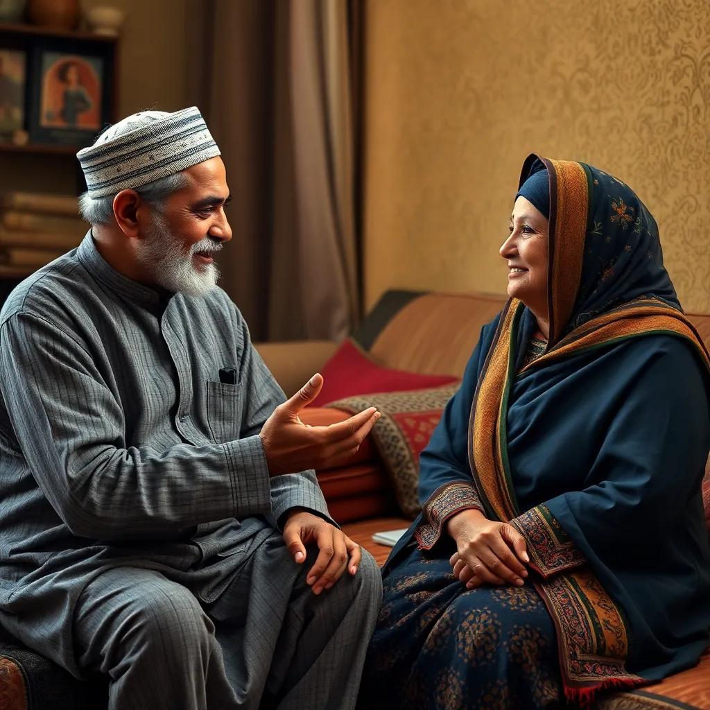 A delightful scene of Ahmed's grandmother explaining the differences in male and female clothing traditions, with both listening keenly, digital art, warm setting, comforting atmosphere, high quality