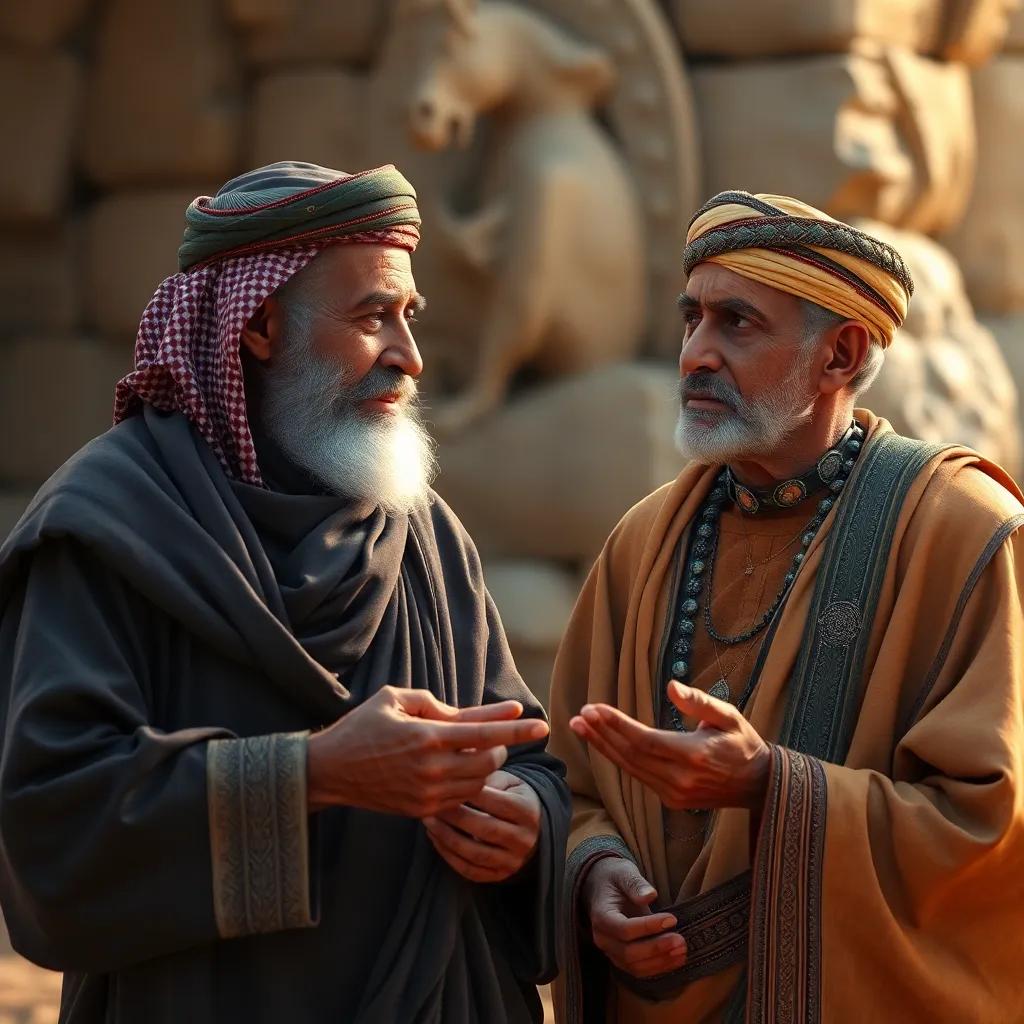 A captivating moment when Zayed questions his grandfather about the history of the kandora, the grandfather sharing knowledge with pride, digital art, realistic, engaging storytelling, high quality