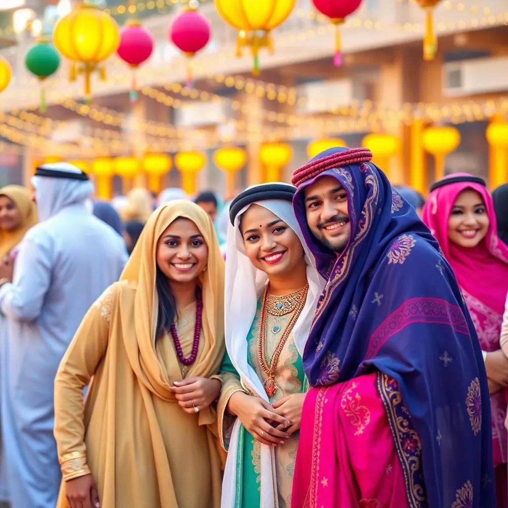 Images of festive occasions where friends don traditional clothing, brightly colored and joyful, capturing the essence of Emirati heritage, digital art, bright and lively, culturally rich, high quality