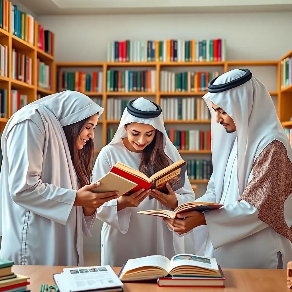 The friends researching Emirati clothing through books and images, surrounding themselves with knowledge, digital art, bright study area, engaging colors, high quality