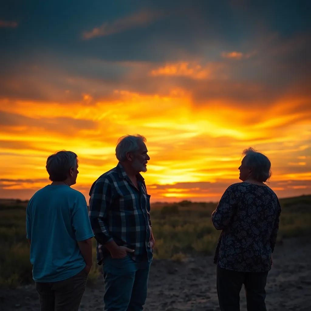A scene of the friends reflecting on their discussions at sunset, the vibrant evening sky behind them as they contemplate their heritage, digital art, warm hues, reflective mood, high quality
