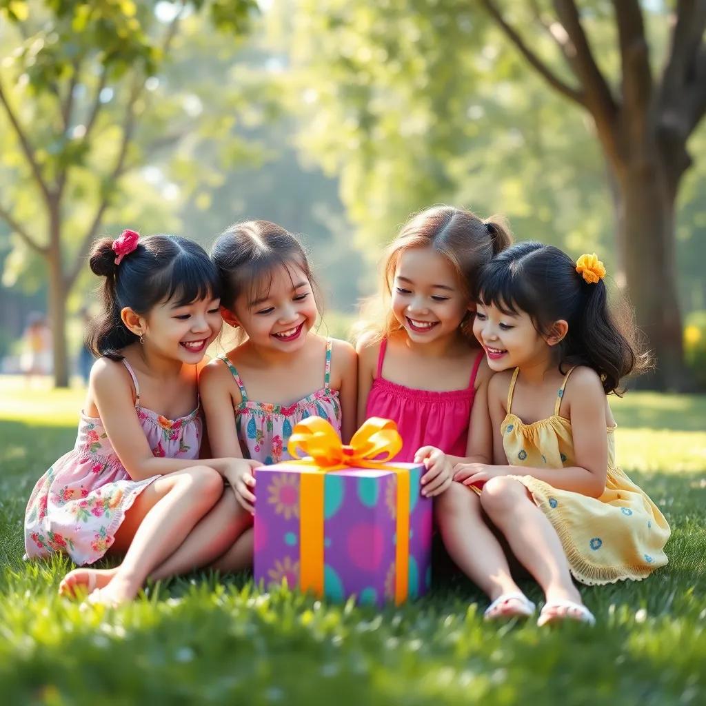 Four young girls, with joyful expressions, sitting in a sunny park, looking at a colorful gift on the grass, wearing colorful summer dresses, cheerful atmosphere, digital art, bright and inviting colors, high quality