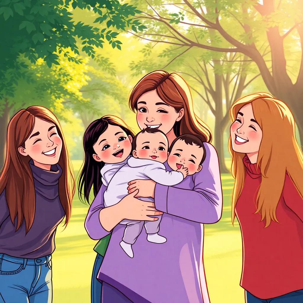 A happy mother, Sarah, holding her adorable baby, surrounded by her three friends in a lush park, friendly smiles, cherishing the moment, illustration, warm light, soft colors, engaging