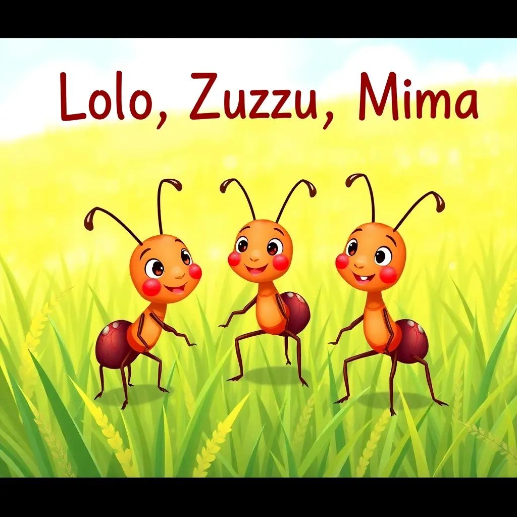 Three small ants, Lolo, Zuzu, and Mima, with bright colors and cute smiles, standing in a green grassy field, looking hopeful while chatting, vibrant illustration, cheerful, sunny day, child-friendly, high quality