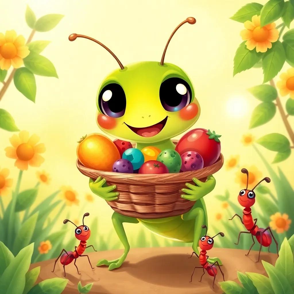 A cheerful grasshopper, with big eyes and a friendly smile, holding a basket filled with colorful fruits, surrounded by the three small ants in a sunny garden, joyful scene, warm light, vibrant colors, heartwarming, high quality