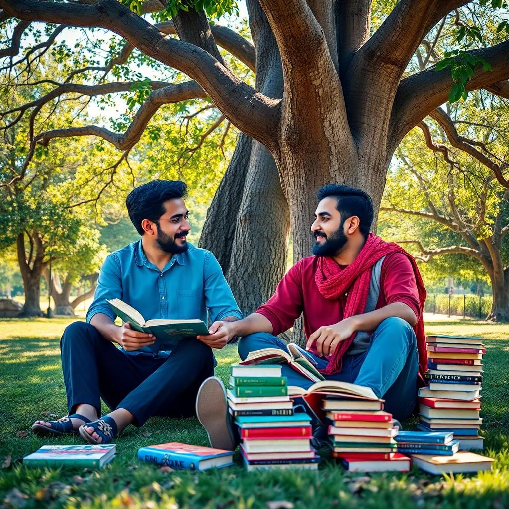 Sami and Ali sitting under a big tree, discussing together, colorful books scattered around them, sunny day, bright colors, warm light, storytelling view, high quality
