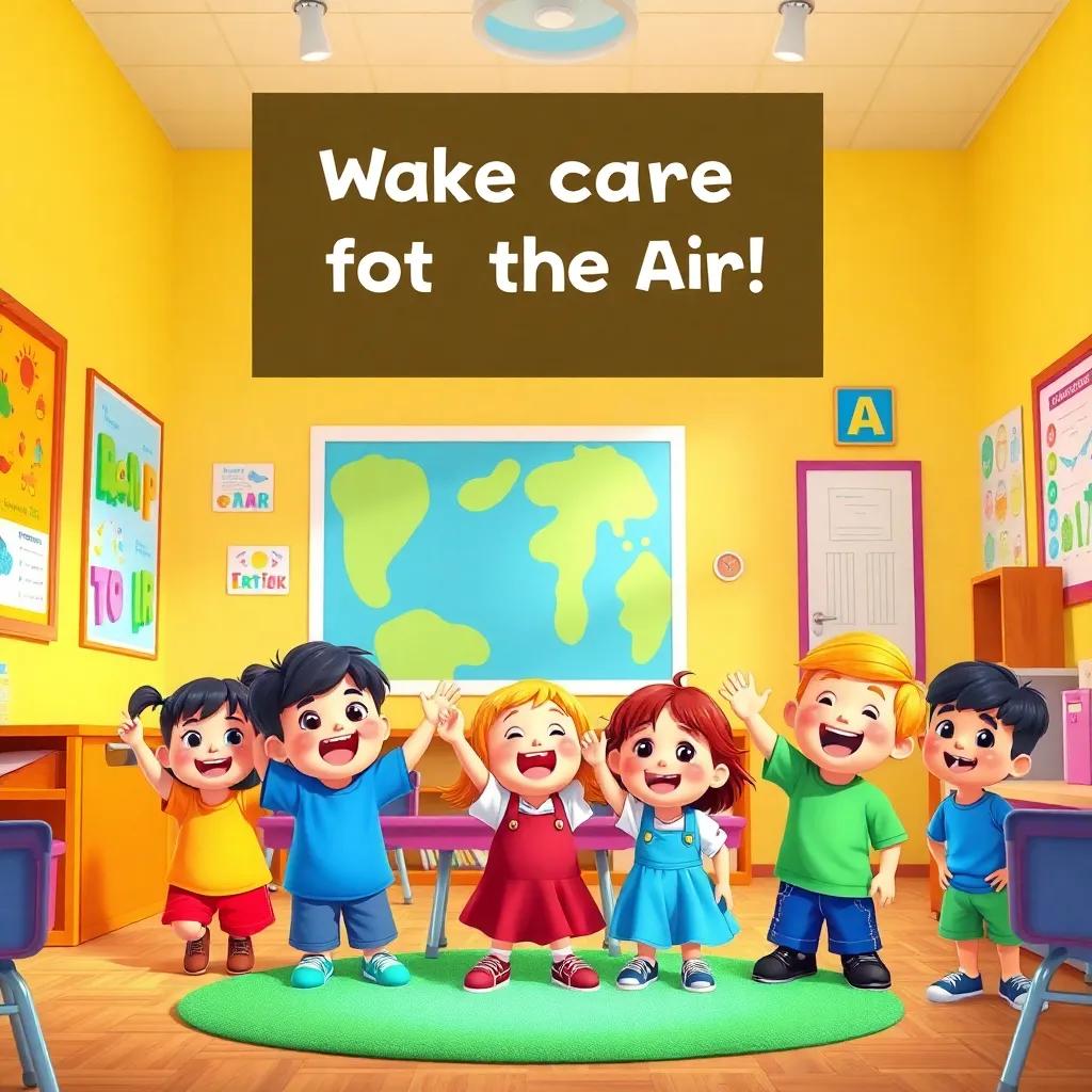 A group of cheerful kids in a vibrant kindergarten classroom, with bright colorful walls and educational posters, expressing excitement about taking care of the air, illustration, cheerful and inviting atmosphere, bright colors, high-quality