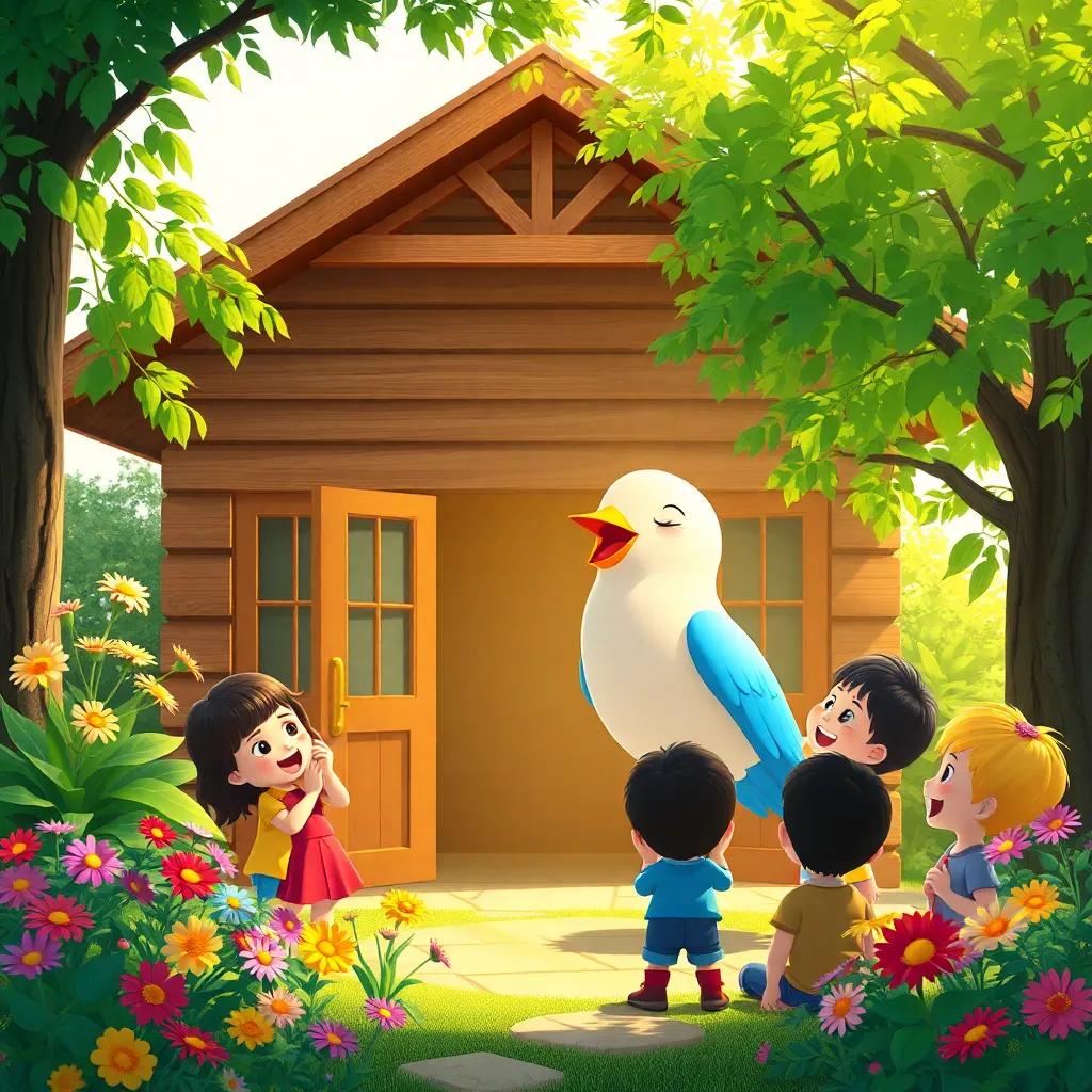 A beautiful bird singing outside the kindergarten, surrounded by green trees and colorful flowers, with kids gathered around, showing joy and enthusiasm for nature, digital art, friendly and encouraging, warm light, engaging scene