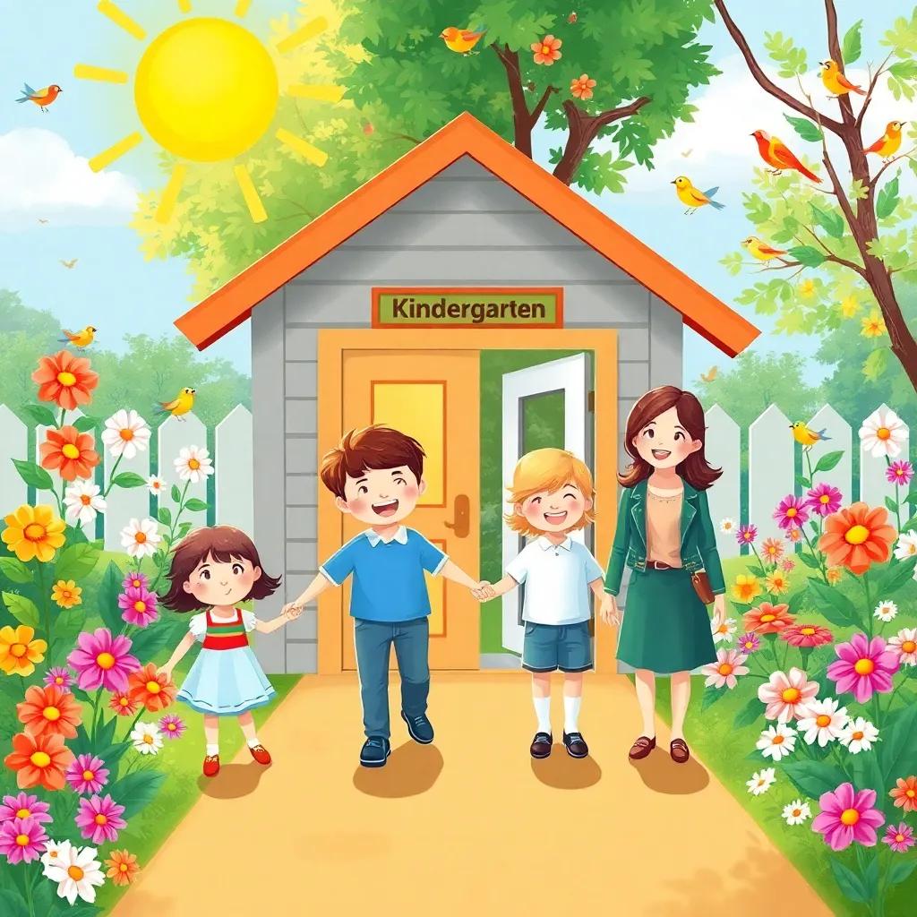 A sunny morning in a colorful kindergarten garden, children entering with smiles and holding their parents' hands, surrounded by blooming flowers and chirping birds, cheerful atmosphere, digital art, vibrant colors, inviting scene, high quality