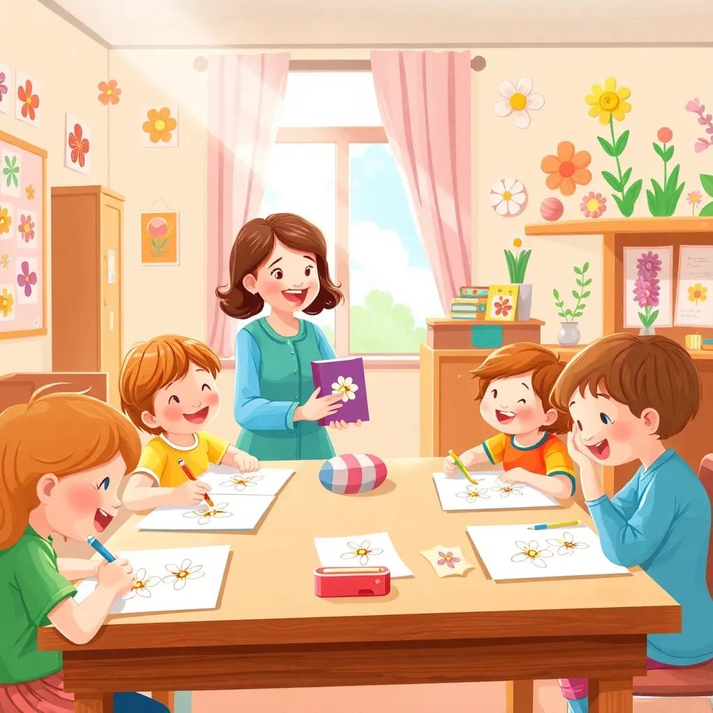 A joyful classroom scene with children drawing jasmine flowers on their papers, colorful artwork decorating the walls, a smiling teacher holding a colorful box, light pouring in from the window, happiness and creativity, illustration, warm and colorful, child-friendly
