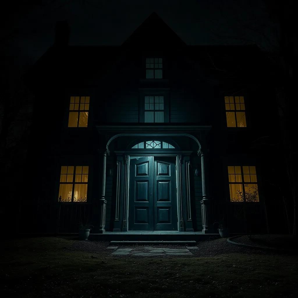 A spooky haunted house at night, with a large wooden door slightly open, eerie shadows and glowing windows, digital art, dark colors, mysterious atmosphere, high quality