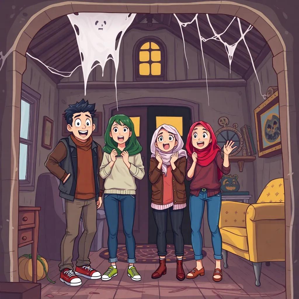 A group of four friends, Sami, Mariam, Leila, and Jacky, standing inside a haunted house, looking surprised and excited, with cobwebs and old furniture, colorful illustration, cheerful vibe, high quality