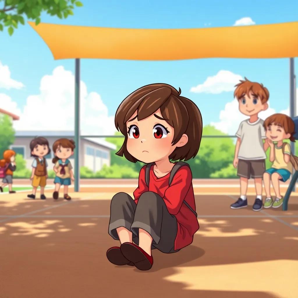 A young girl, Leila, with short brown hair, wearing old clothes, sitting alone on a school playground looking sad, her classmates laughing nearby, bright sunny day, illustration, vibrant colors, emotional scene, relatable; detailed and friendly style