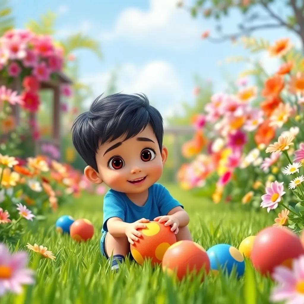 A little boy named Sami, a Middle-Eastern child with short black hair, wearing a blue t-shirt and shorts, playing with colorful balls in a vibrant garden filled with flowers and green grass, cheerful atmosphere, sunny day, digital art, bright colors, child-friendly