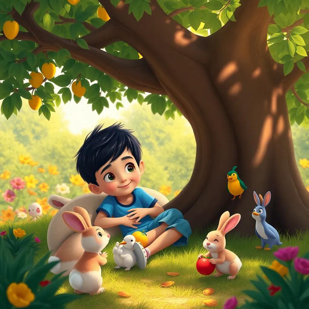 Sami, a little boy with short black hair, wearing a blue t-shirt and shorts, resting under a big tree with his friends, rabbits and birds, enjoying fruits together in a beautiful garden, warm light, colorful scene, happy vibes, high quality