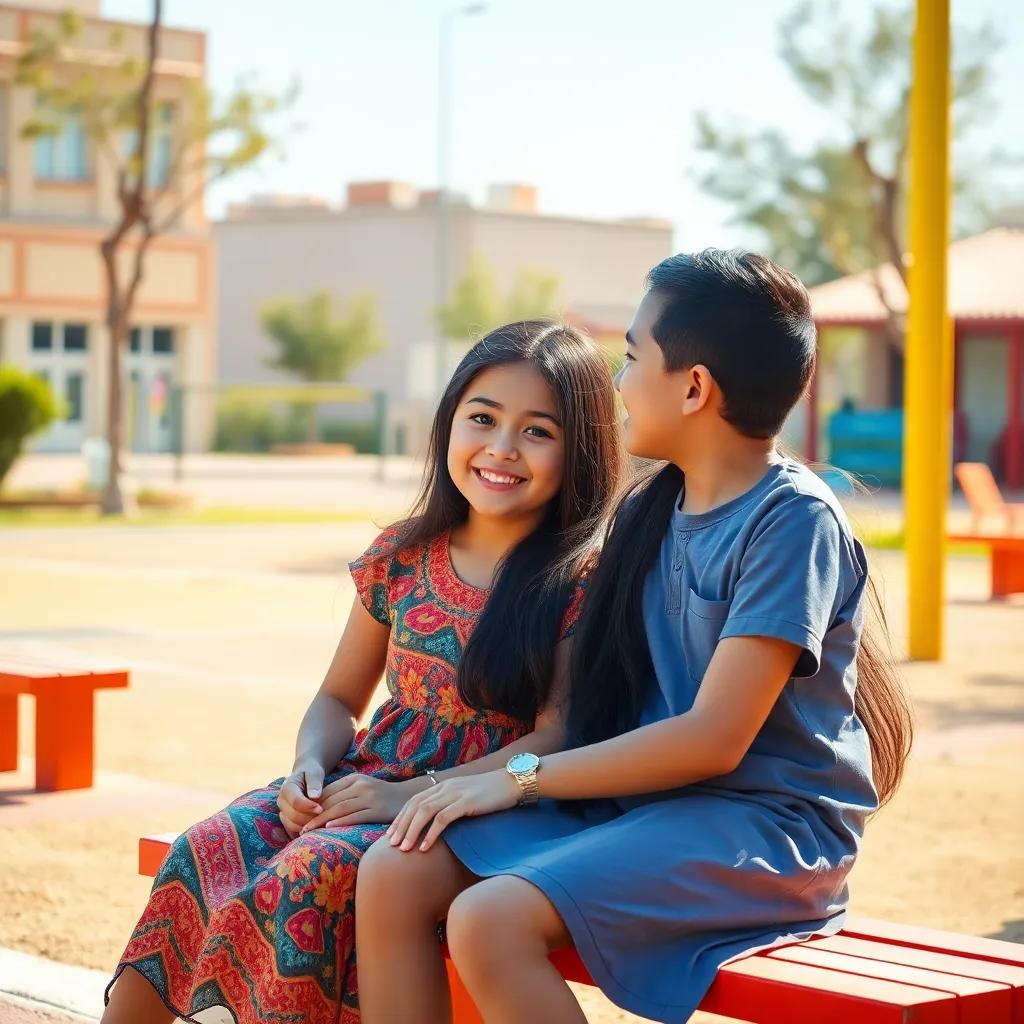 A young Arab girl, Hala, with long dark hair, wearing a colorful dress, sitting with her friend Sami in a school playground, chatting happily under the sunlight, digital art, cheerful atmosphere, bright colors, friendly vibe, high quality