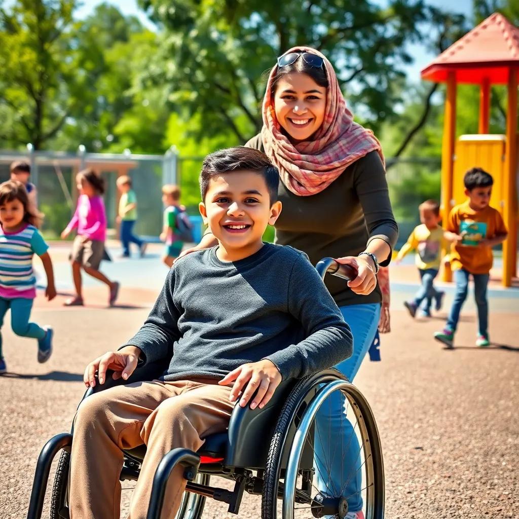 Sami, a boy using a wheelchair, smiling brightly as Hala pushes him in the playground, surrounded by other children playing, sunny day, joyful scene, colorful, engaging view, high quality