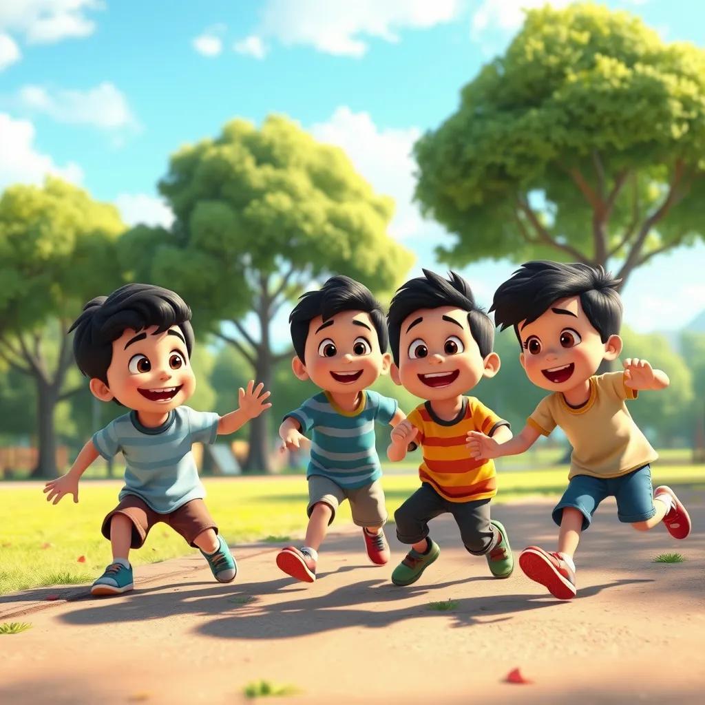 A scene of three boys playing in a park, with trees and blue sky in the background, cheerful atmosphere, bright sunlight.