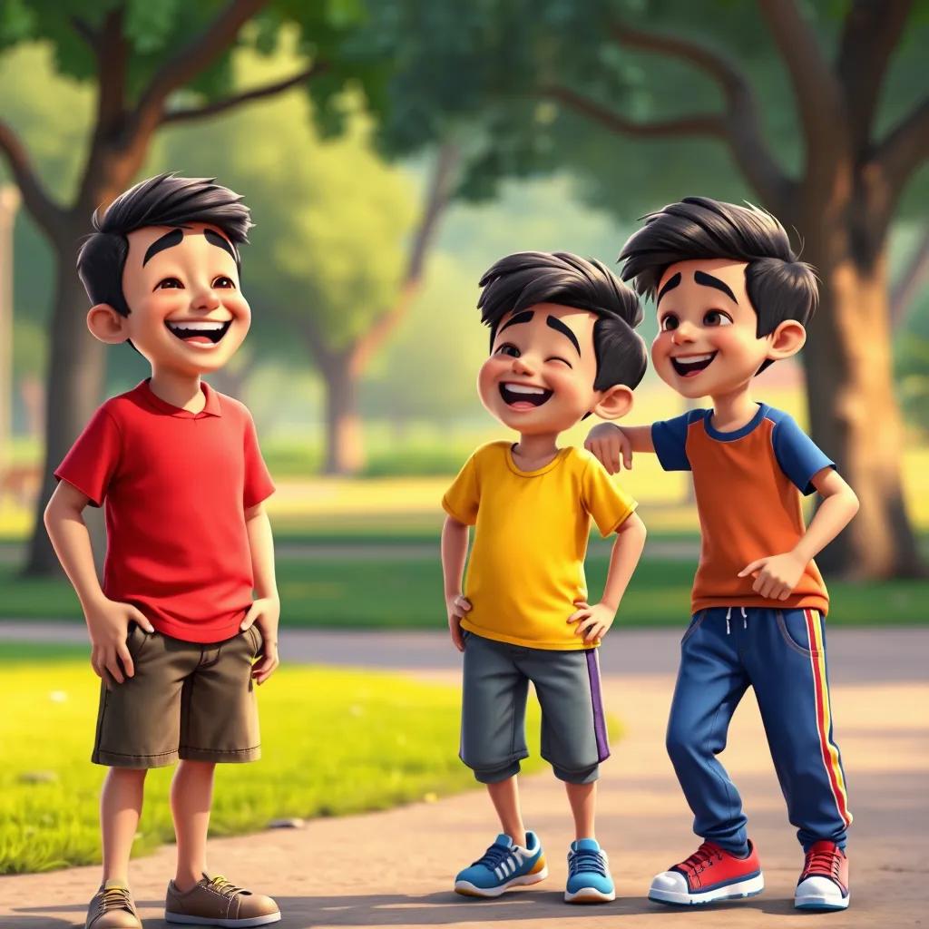 Khaled, a Middle-Eastern boy, wearing a red shirt and shorts, Bandar, wearing jeans and a blue shirt, and Shakosh, wearing a yellow t-shirt and sports pants, laughing together in the park, vibrant colors, joyful expressions.