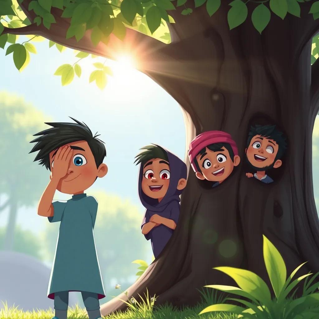 Shakosh covering his eyes counting to ten, while Khaled and Bandar are hiding behind a big tree, playful and excited, bright sunlight filtering through leaves.