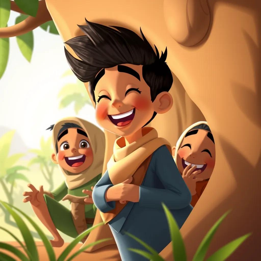 Shakosh joyfully discovers Khaled and Bandar while they hide, everyone laughing, surrounded by nature, a sense of fun and friendship.