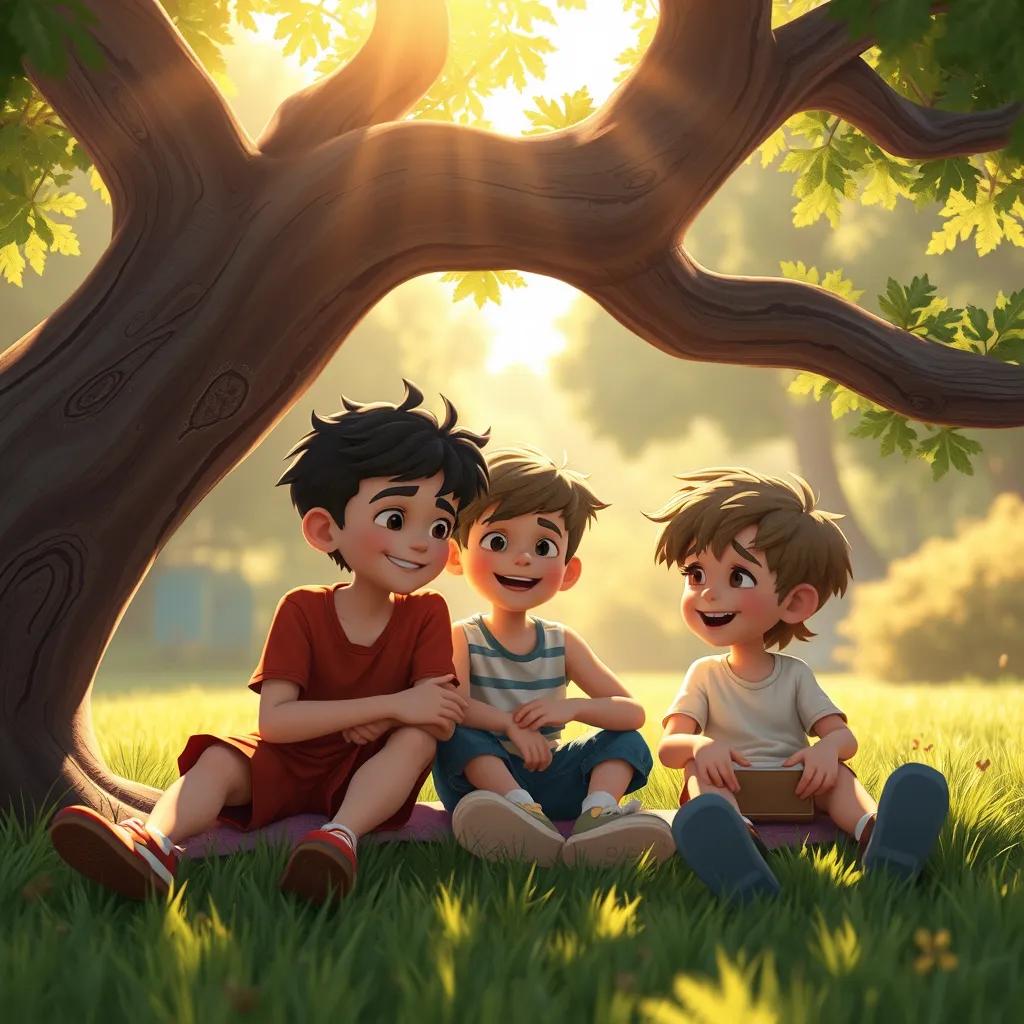 The three boys resting under a tree after playing, chatting about new games to try, a feeling of strong friendship, warm sunlight and green grass.
