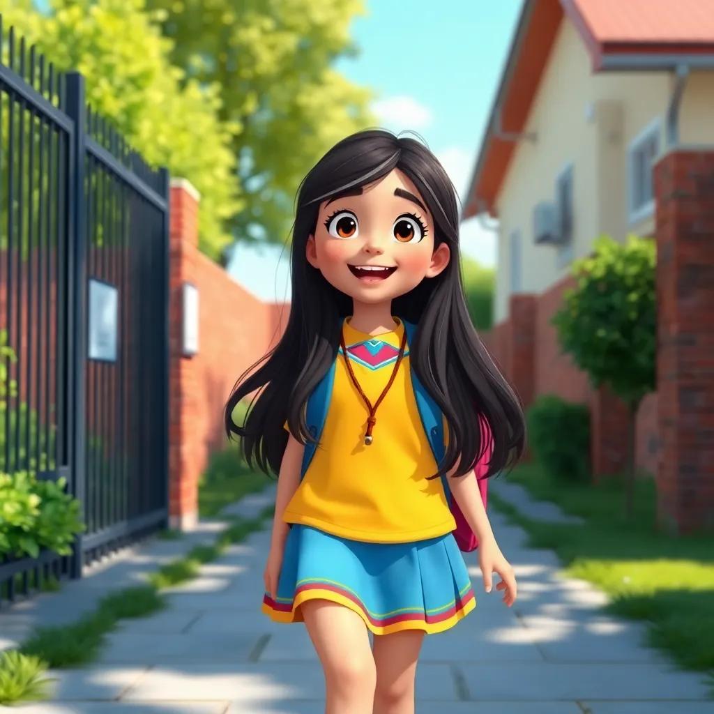 A young Arab girl, Khulood, with long, dark hair, wearing a bright school uniform, excitedly walking towards the school gate with a backpack, sunny day, cheerful atmosphere, high quality