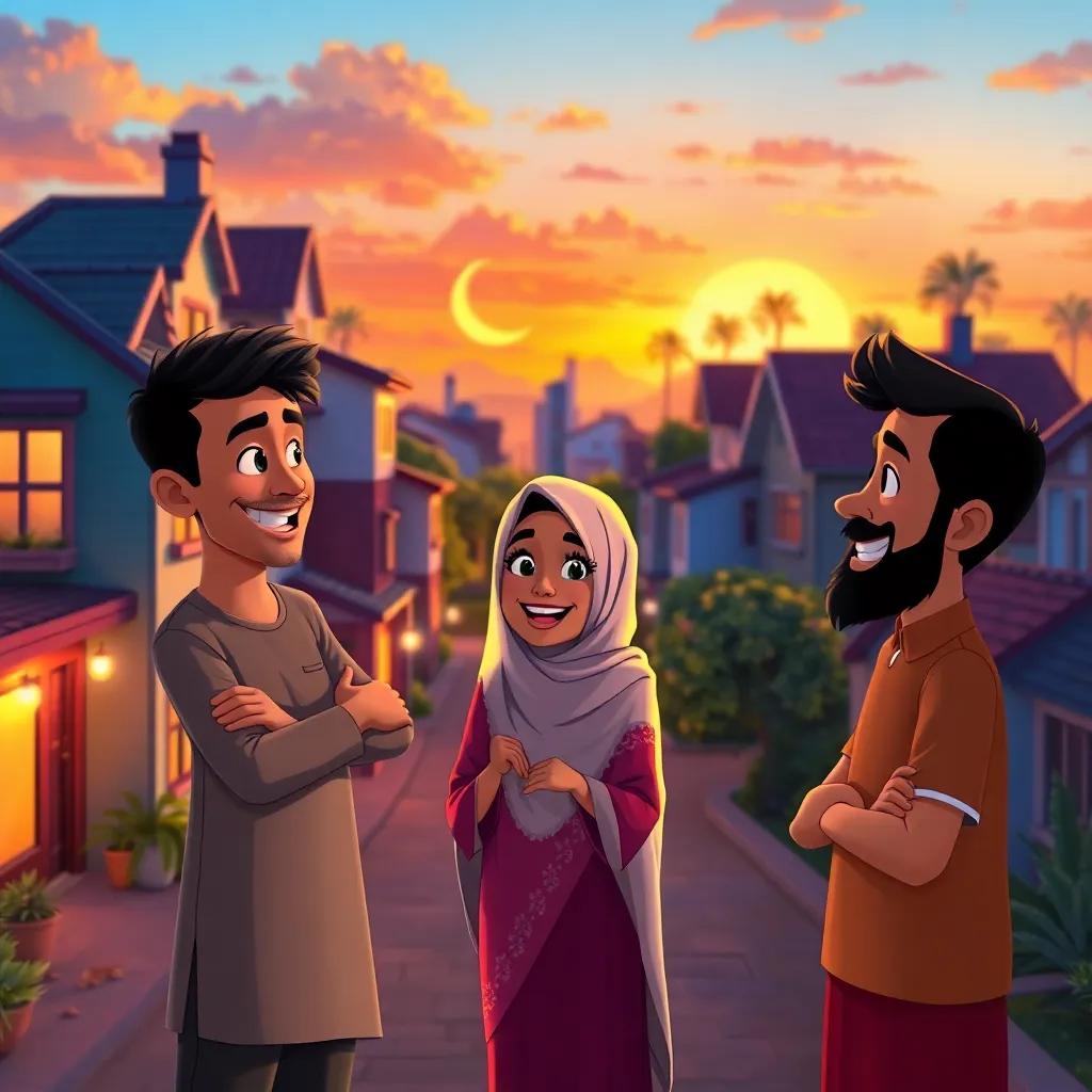 A small city with three friends, Omar, Layla, and Ahmed, animatedly discussing their Ramadan plans in a beautiful neighborhood, sunset lighting, vibrant colors, cheerful atmosphere, engaging digital art