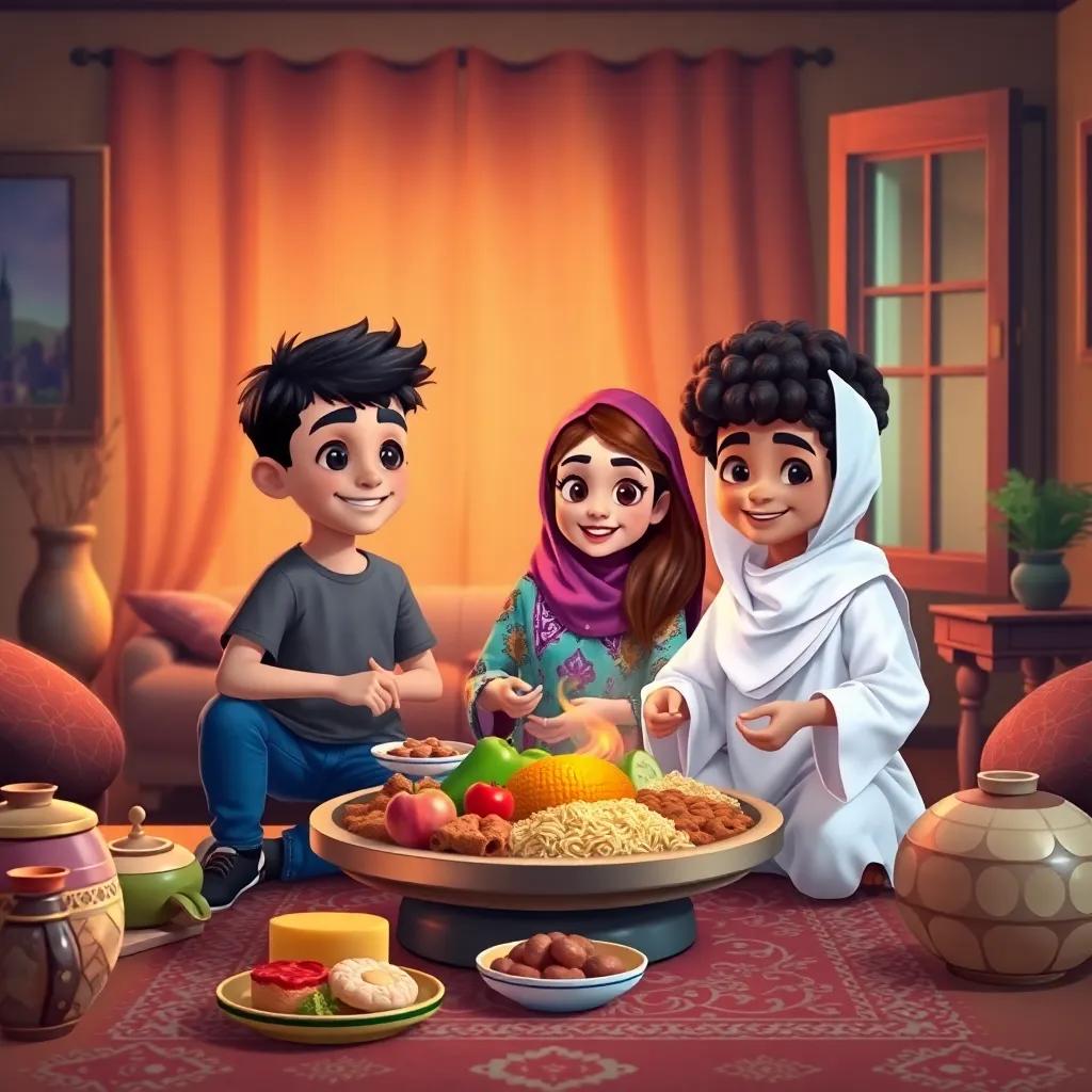 Omar, a young Arab boy with short black hair wearing a casual t-shirt and jeans, Layla, a young Arab girl with long brown hair in a colorful abaya, Ahmed, a young Arab boy with curly hair in a white thobe, enjoying a beautiful feast for suhoor together at Layla's house, cozy indoor lighting, warm colors, inviting scene