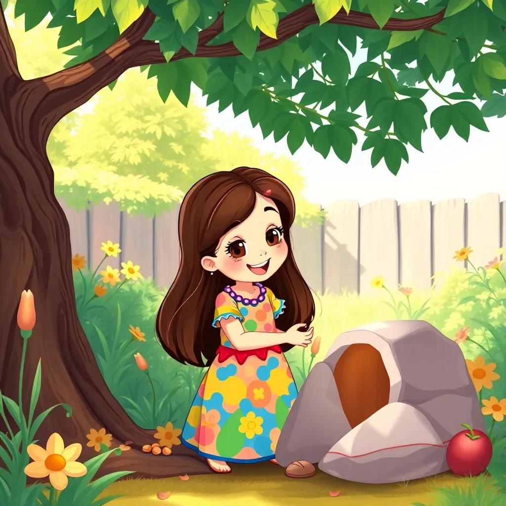A young Lebanese girl, سجى, with long brown hair, wearing a colorful dress, excitedly showing her friend a hidden treasure under a tree in a sunny garden, illustration, cheerful atmosphere, vibrant colors, child-friendly, detailed
