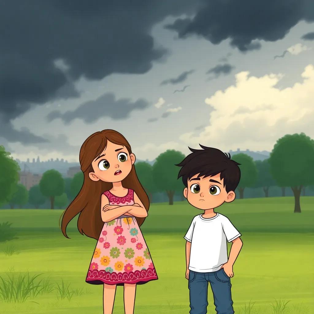 A young Lebanese girl, سجى, with long brown hair in a colorful dress, and a young boy, حبيب, with short black hair in jeans and a t-shirt, both looking determined and a bit worried as they stand together in a park with a distant view of dark clouds and sounds of war, illustration, emotional, high quality, child-friendly