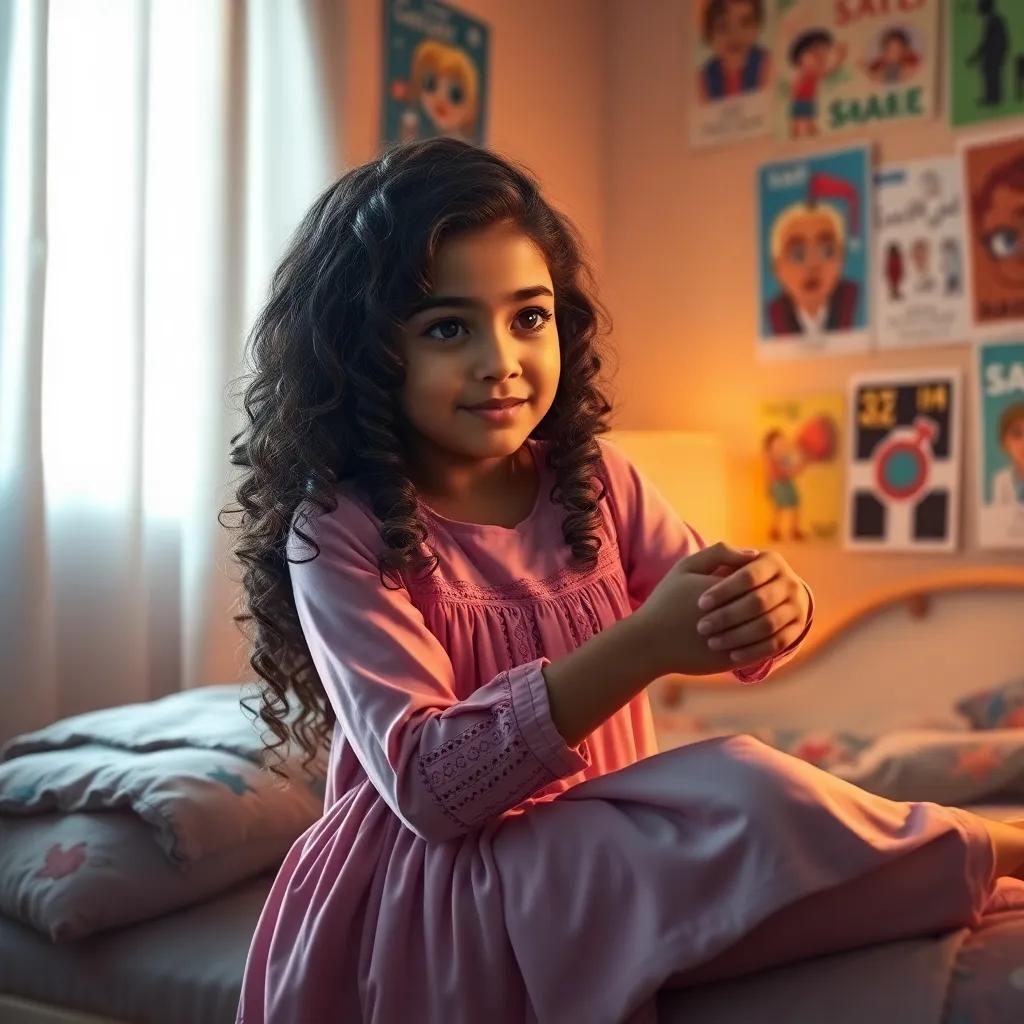 Leila, a young Arab girl with long curly hair wearing a pink dress, comforting Saeed in his room with colorful posters on the walls, determination in her eyes, digital painting, warm light, positive energy, storytelling view, high quality